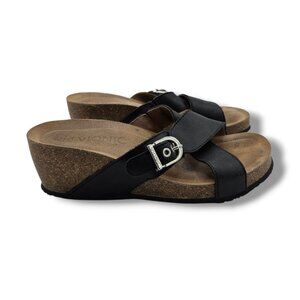 Vionic Danette Leather Wedge Sandal Womens 8 Black Leather